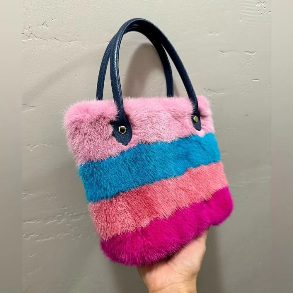 Colorful Striped Handmade Real Mink Fur Mini Tote/Crossbody & Pony Bag Charm